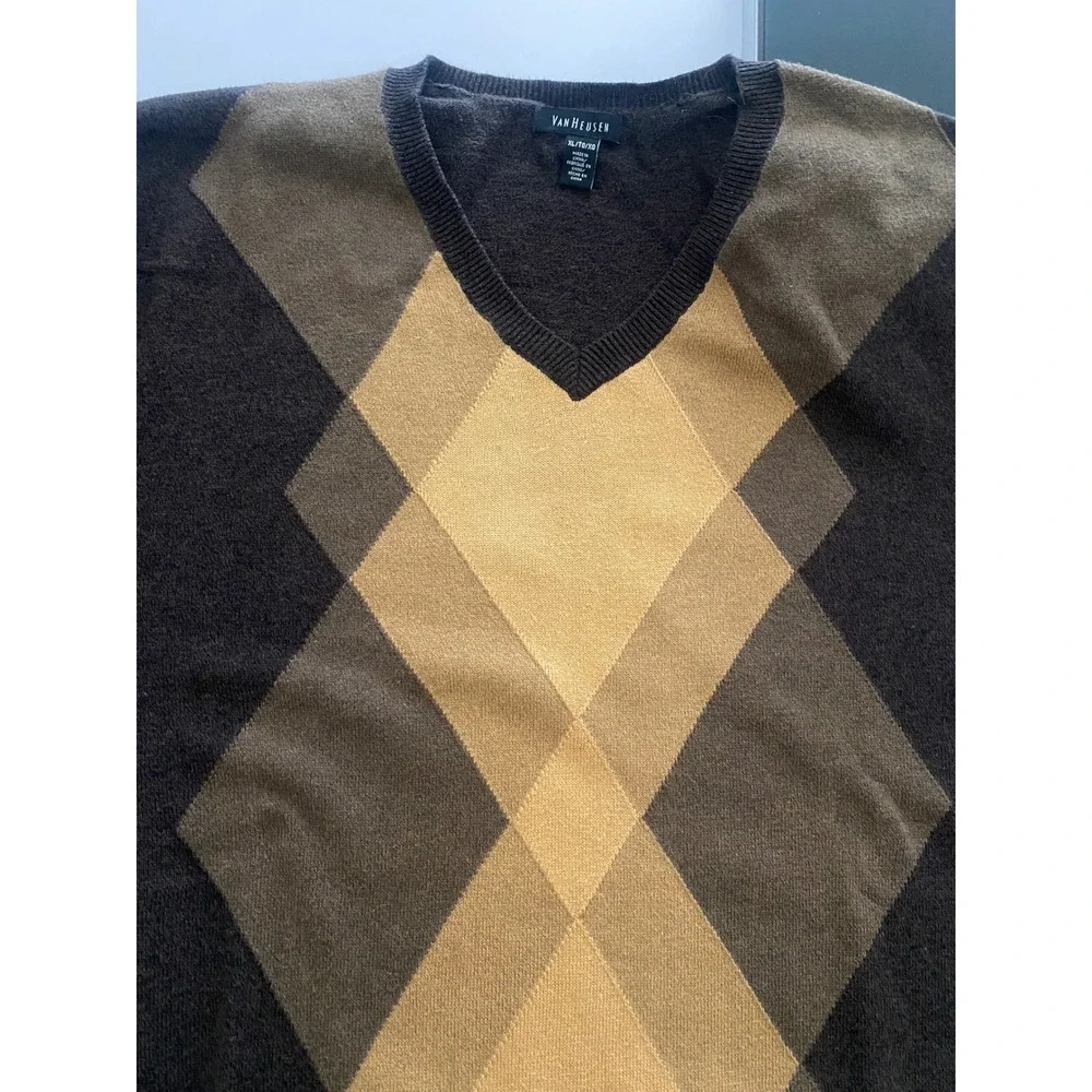 Argyle V-Neck Sweater Brown Tan Gold Knit Pullover Long Sleeve Men's‎ XL